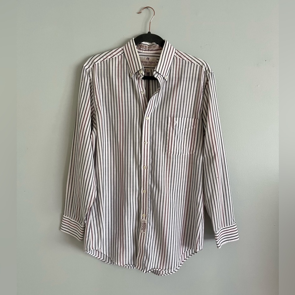 Vintage 70s Style Aigner White Striped Long Sleeve Button Down Collared Shirt